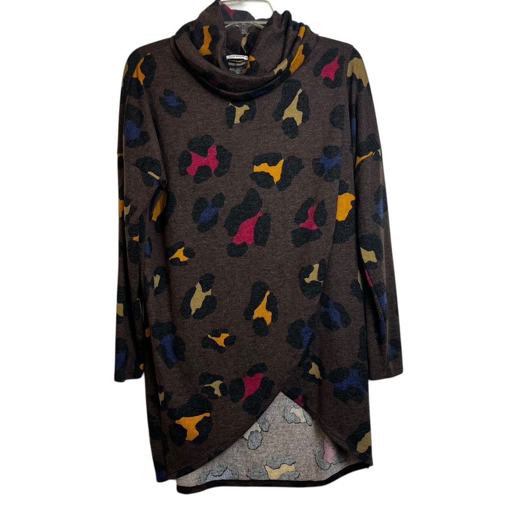 Viamor Womens Brown‎ Colorful Leopard Print Cowl Neck Tulip Hem Tunic Top Large